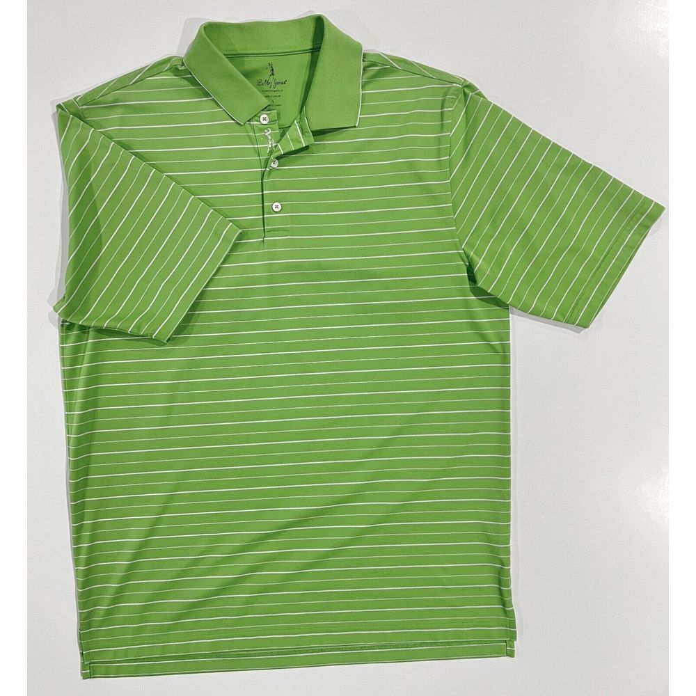 Bobby Jones Polo Shirt Mens Large Green White Striped Golf Performance Popover